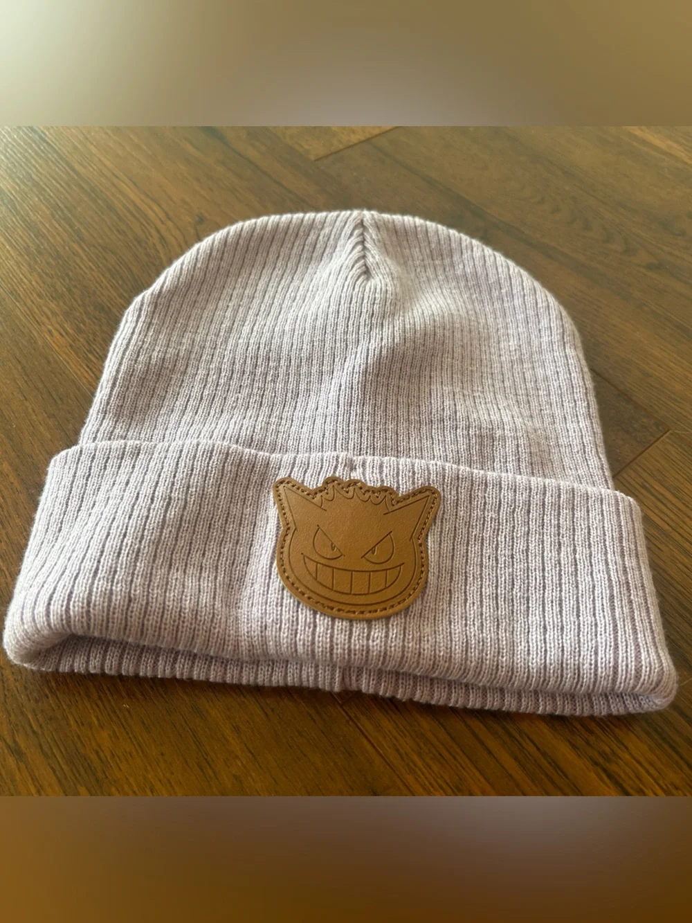 Lavender Knit Beanie with Leather Gengar (Pokemon) Patch